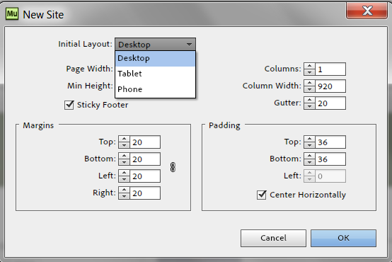 Site Settings Box on Adobe Muse